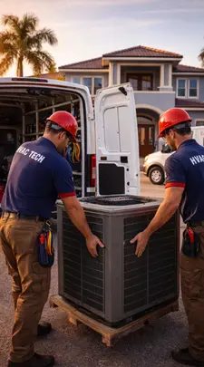 Contratistas de HVAC en cape coral descargando una unidad desde su Van