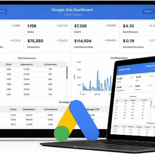 Dashboard de Google Ads mostrando métricas de campañas gestionadas por agencia de marketing digital en Florida especializada en home services.