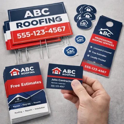 Materiales impresos profesionales para contratistas diseñados por agencia de marketing digital en Florida incluyendo yard signs, tarjetas y door hangers.