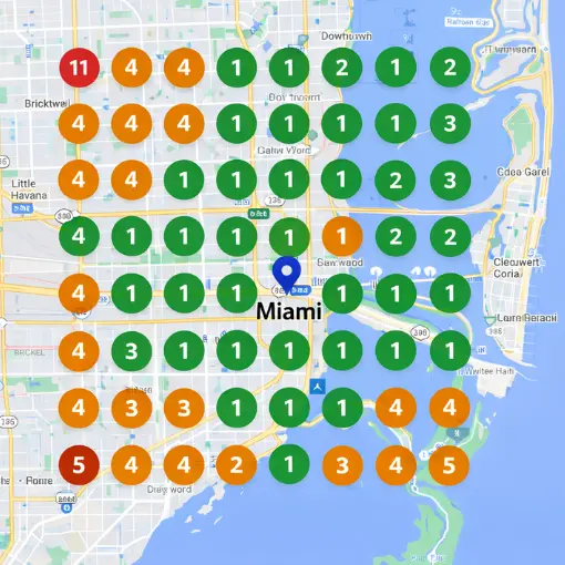 Mapa de Miami con indicadores de posicionamiento SEO local en Google Maps mostrando rankings por zonas para negocios de home services.